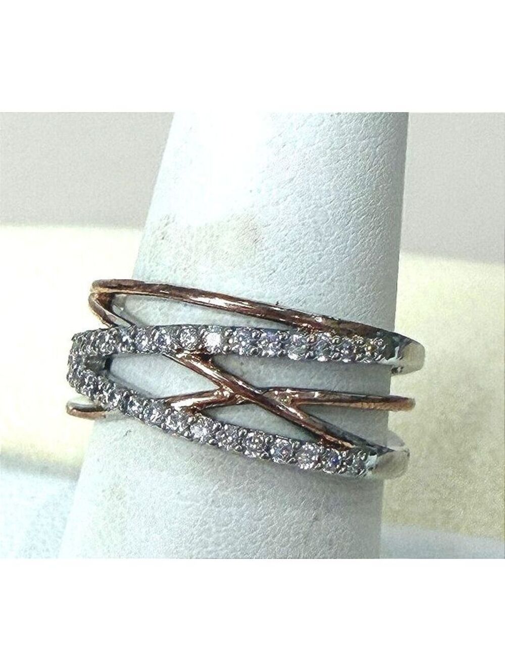 Elegant Two-Tone Silver and Rose Gold Ring with Crystal Accents Size 7.75